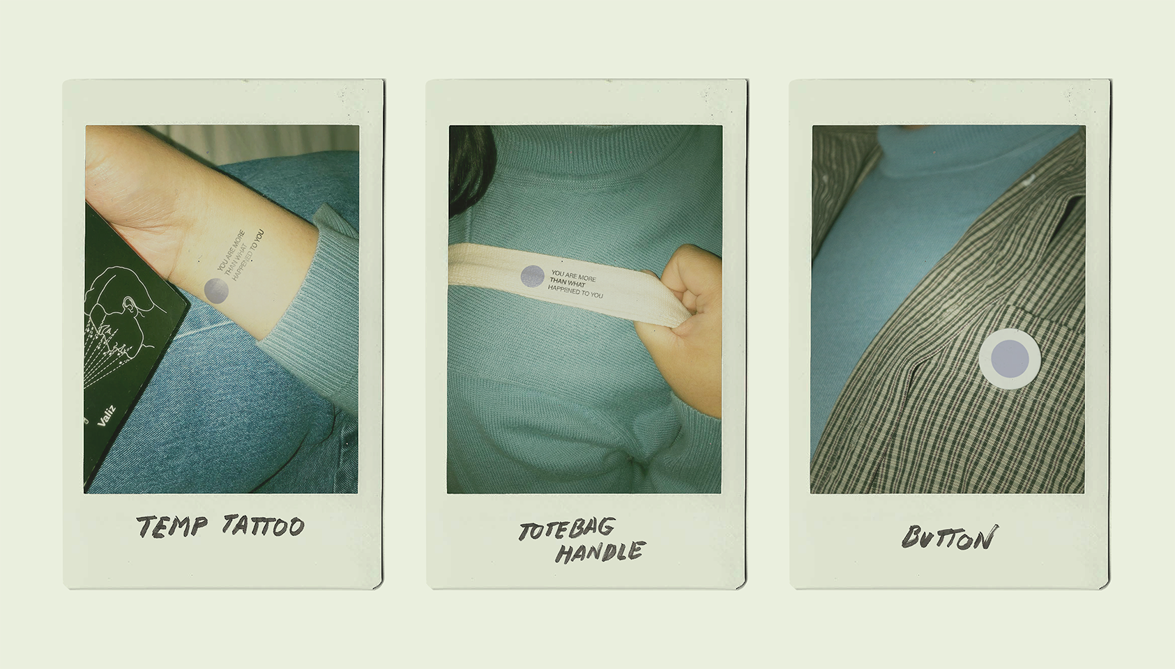 polaroids of campaign button, totebag, and temporary tattoo