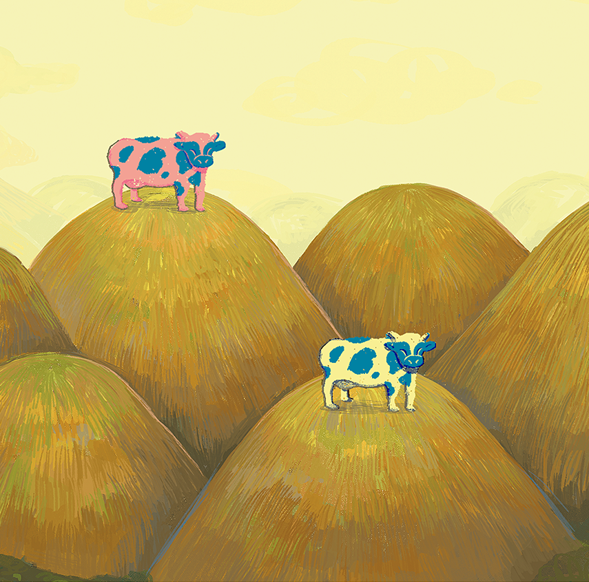 a pink cow with blue spots and white cow with blue spots on top of the chocolate hills