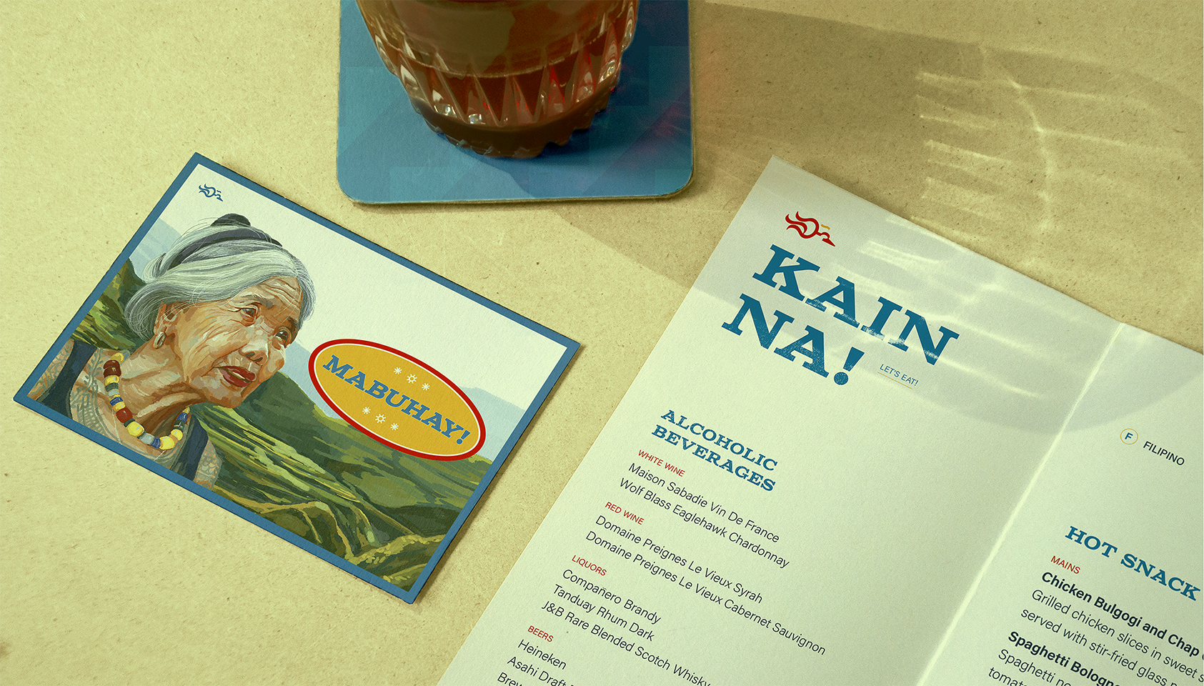 in-flight menu, coaster, and post card